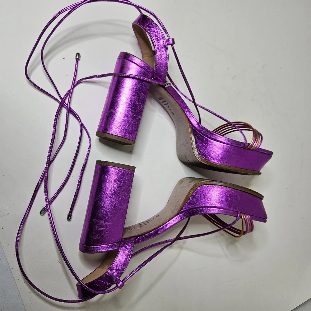 Schutz Arceli Platform in Bright Violet Metallic Ankle Tie Strap Women's 7.5